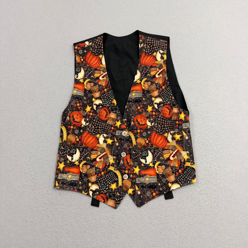 Vintage Halloween Vest Women S/M Multicolor Pumpkin Witch Moon Stars Novelty Fun